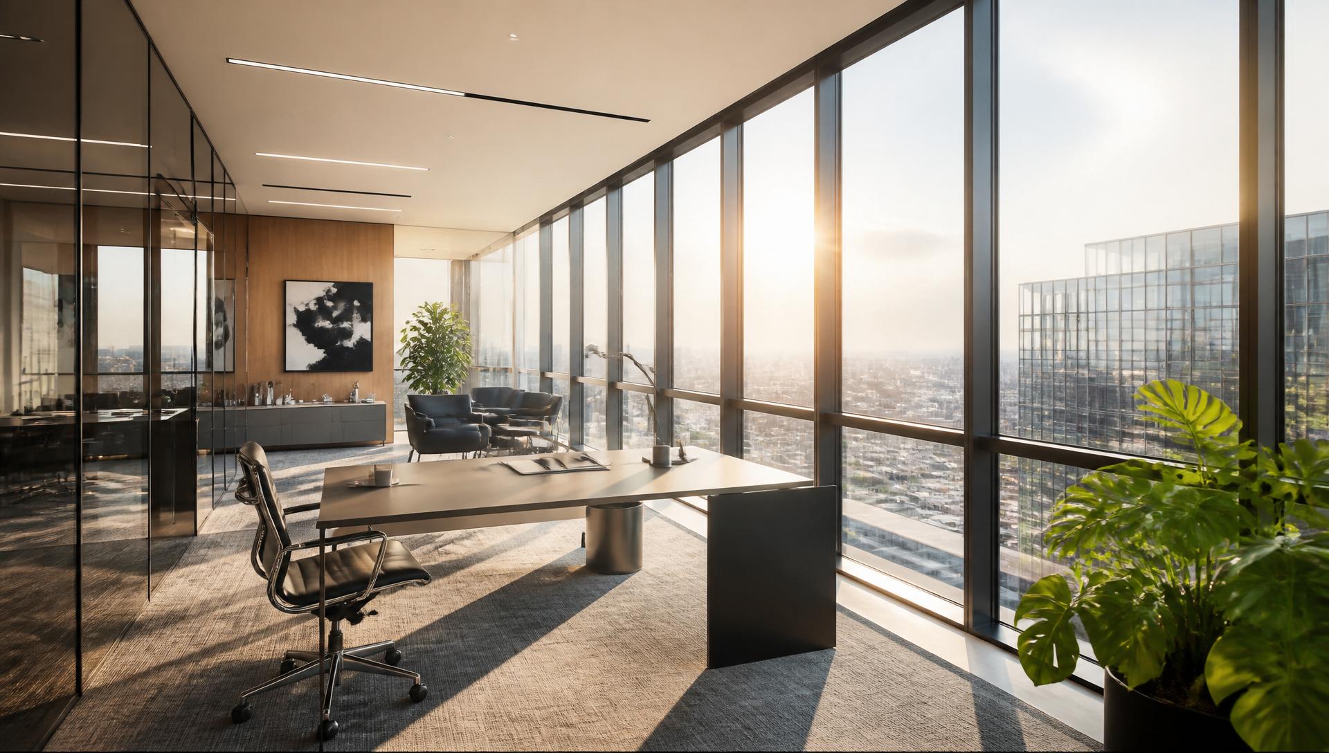 Bureau moderne avec grandes baies vitrées équipées de films solaires